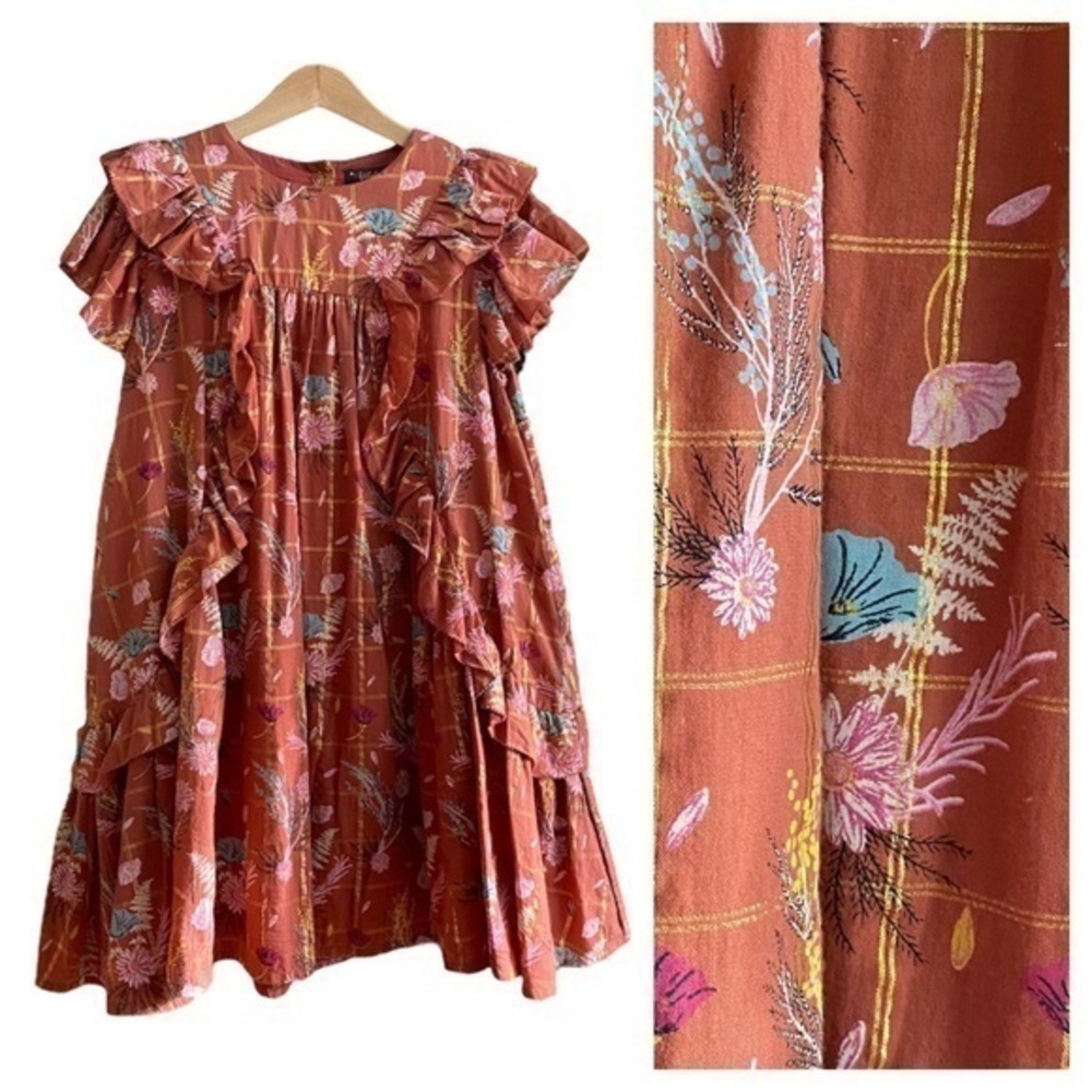Velveteen Rust Orange Pink Gold Flutter Sleeve Ruffle Dress 10